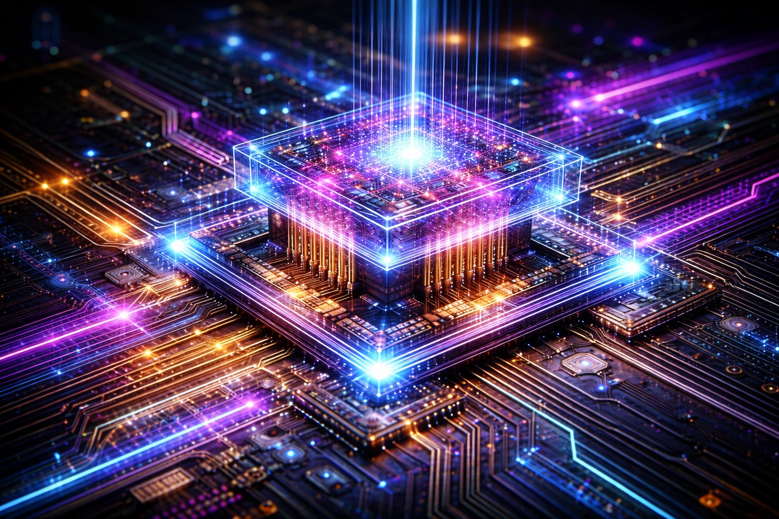 Intricate Glowing Quantum Computer Chip